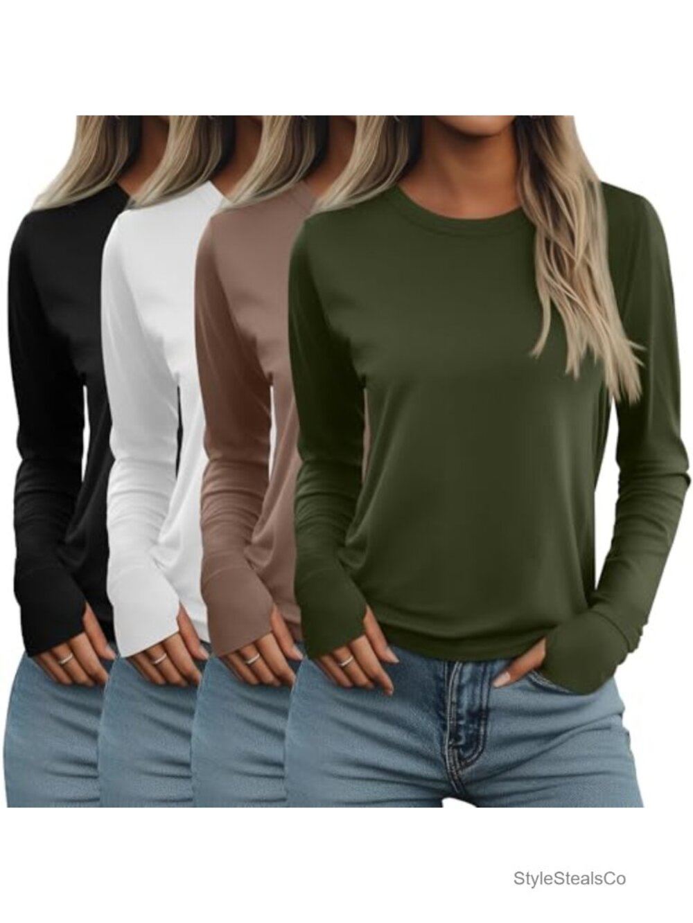 4 Pack Womens Long Sleeve Tunic Tops with Thumb Holes Soft Stretch Cotton Blend